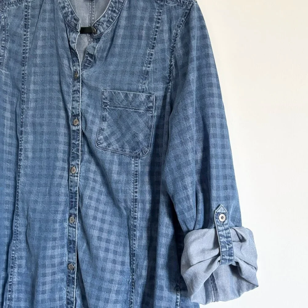 J. Jill Chambray Denim Checkered Shift Shirt Dress Size Medium - Picture 5 of 10